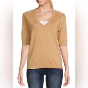 EUC Ellen Tracy Faux Leather shoulder Trim Tan V-Neck Sweater - Sz M